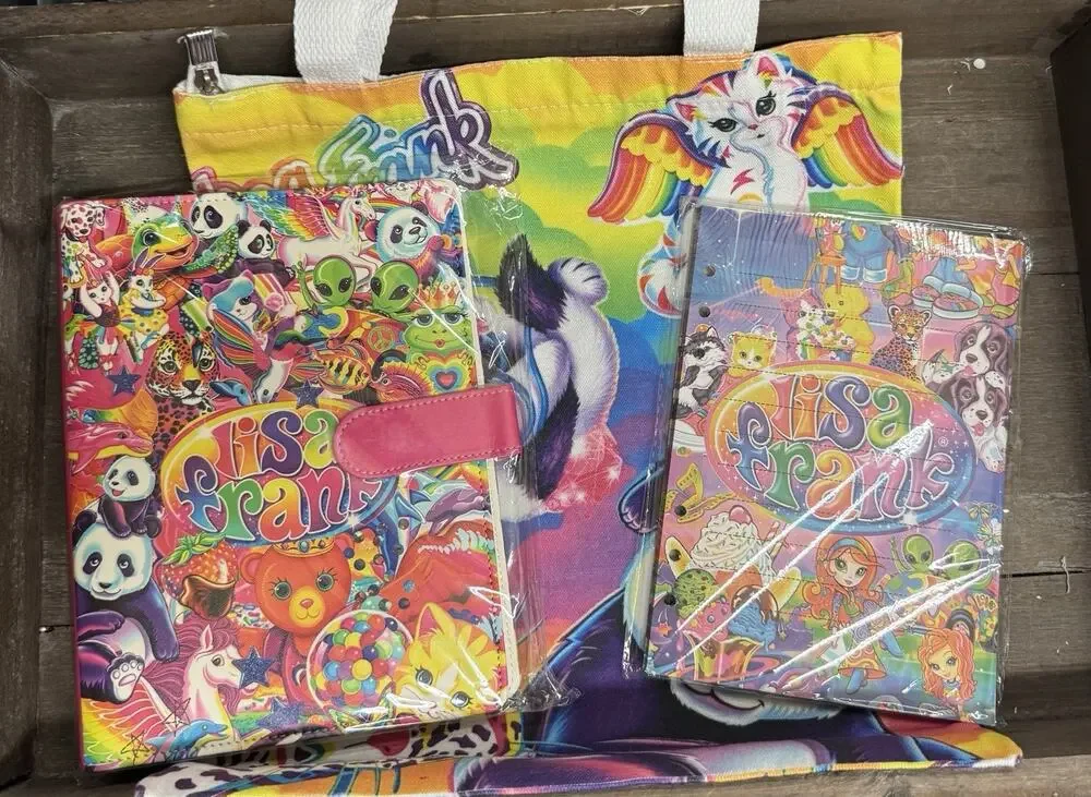 Lisa Frank A5 binder with matching printed paper and canvas tote bag Bundle